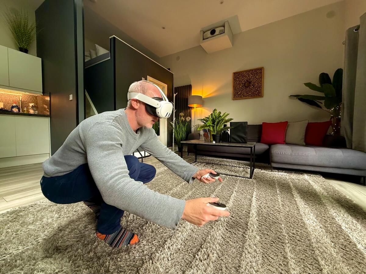 Getting low and tactical in a VR spy mission.