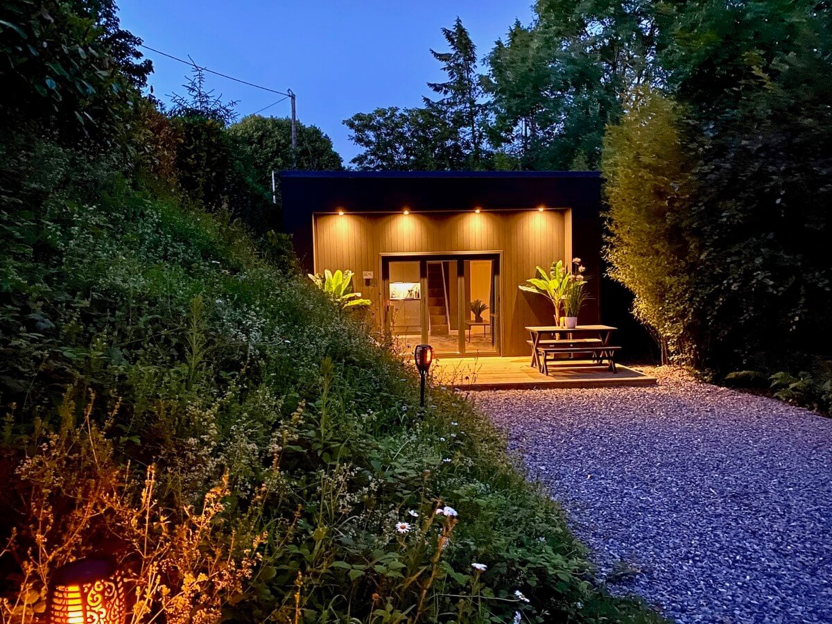 mood lit exterior of cube 1. 