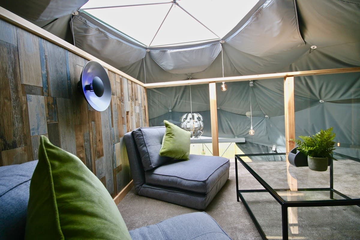 upstairs guest bedroom and skylight at sunridge geodome